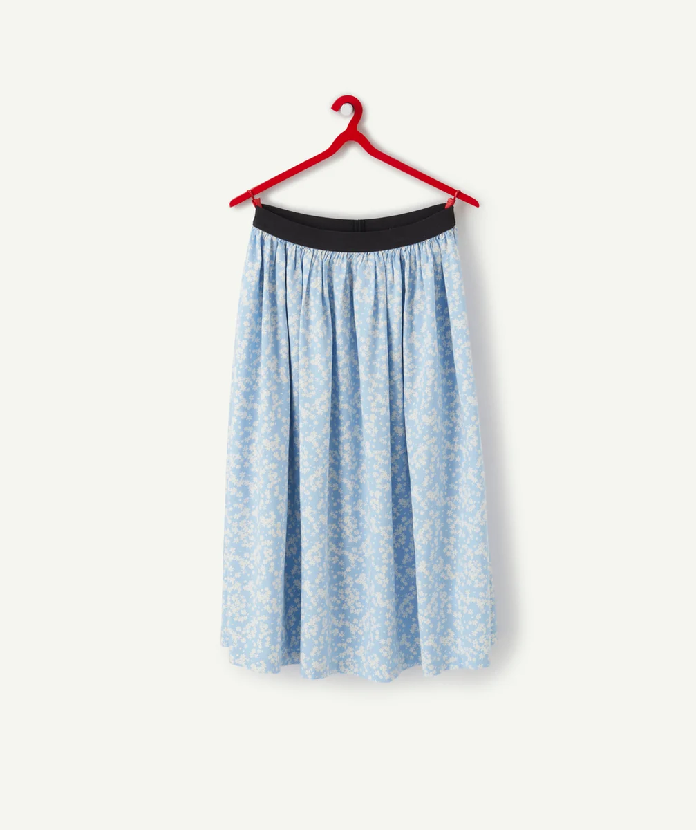 JUPE MIDI FILLE EN VISCOSE RESPONSABLE BLEU IMPRIMÉ FLEURS