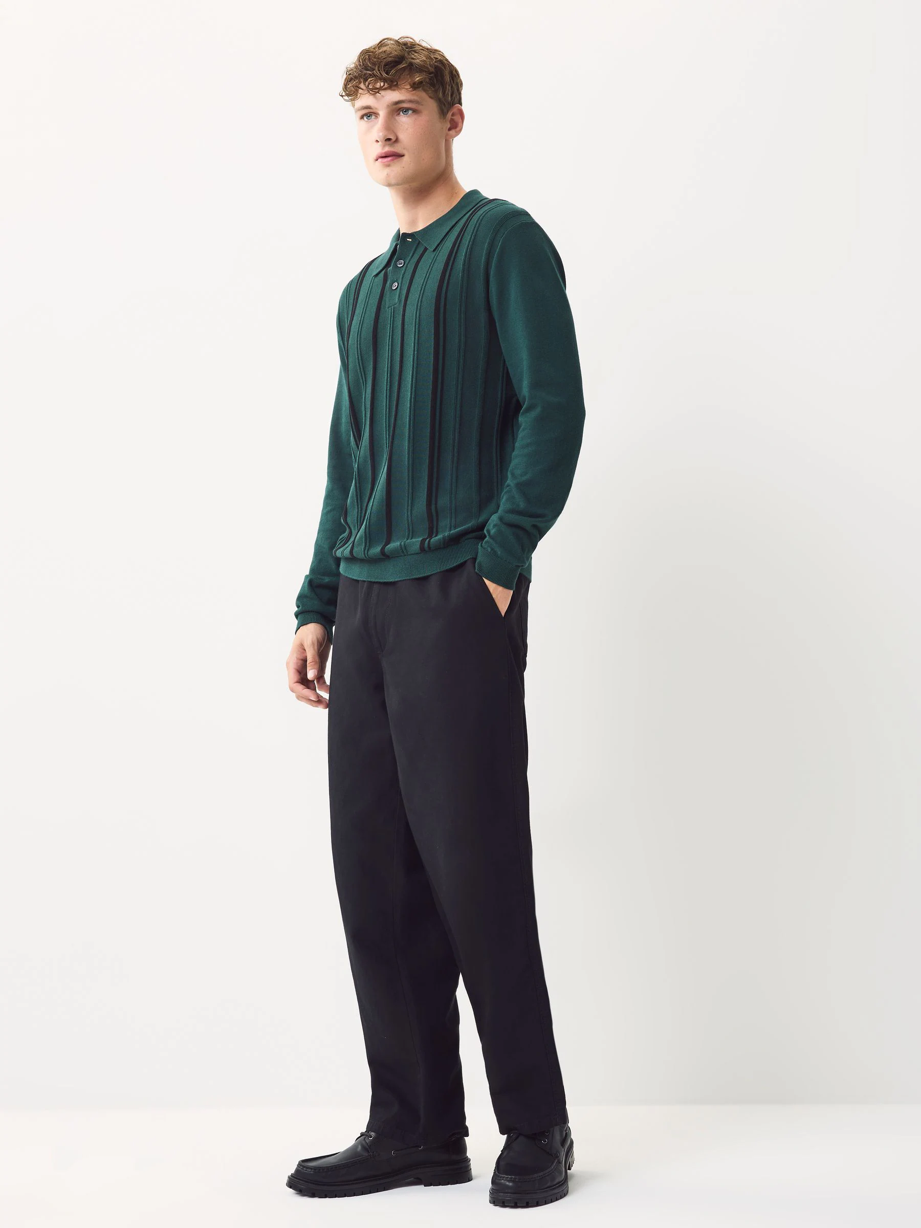 Groen - Regular-fit poloshirt met lange mouwen, streepdessin en hoog katoengehalte