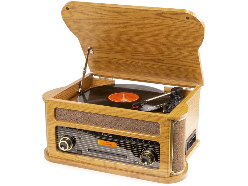 Fenton Plattenspieler Memphis Vintage Hellbraun Retro Plattenspieler mit Radio, Bluetooth, Media-Player und Umwandlungsmöglichkeit für Schallplatten und Kassetten