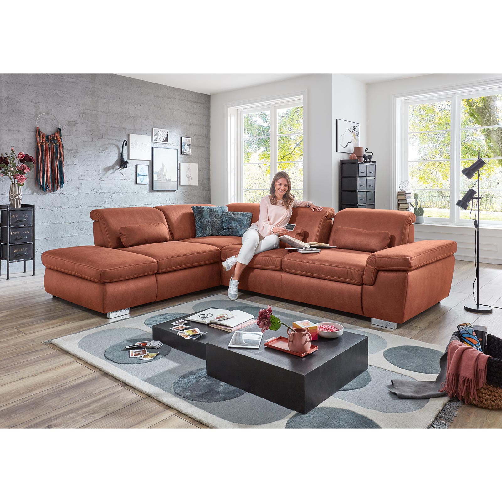 polsterpower Ecksofa - rot - mit Sitztiefenverstellung -Anstellhocker links