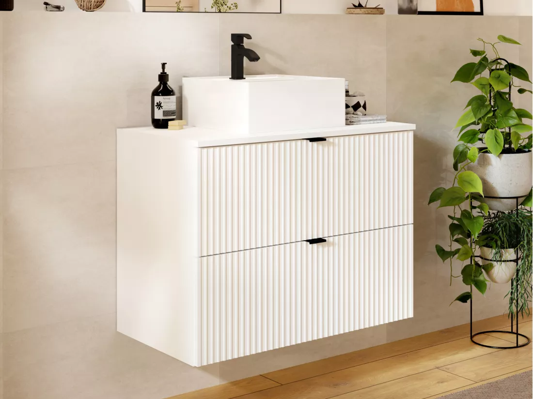 Meuble de salle de bain suspendu strié avec vasque carrée à poser - Blanc mat - 80 cm - ZEVINI