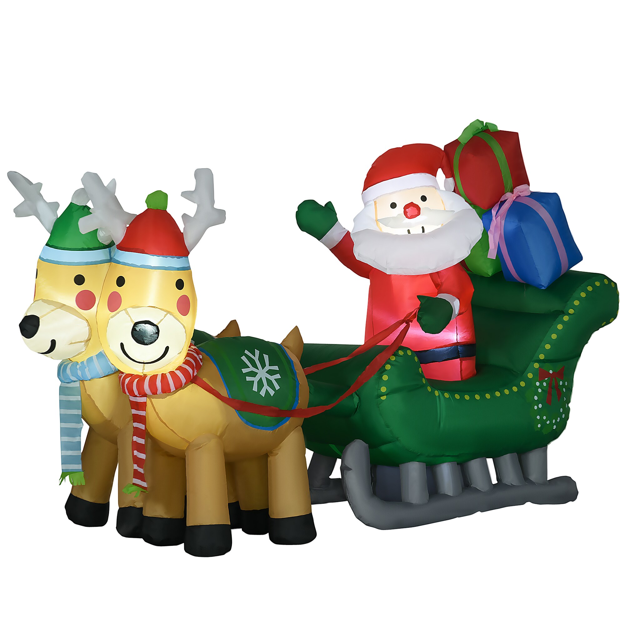 HOMCOM Aufblasbare Weihnachtsmann mit Schlitten und Rentieren mit LED-Lichter bunt 210L x 70B x 125H cm