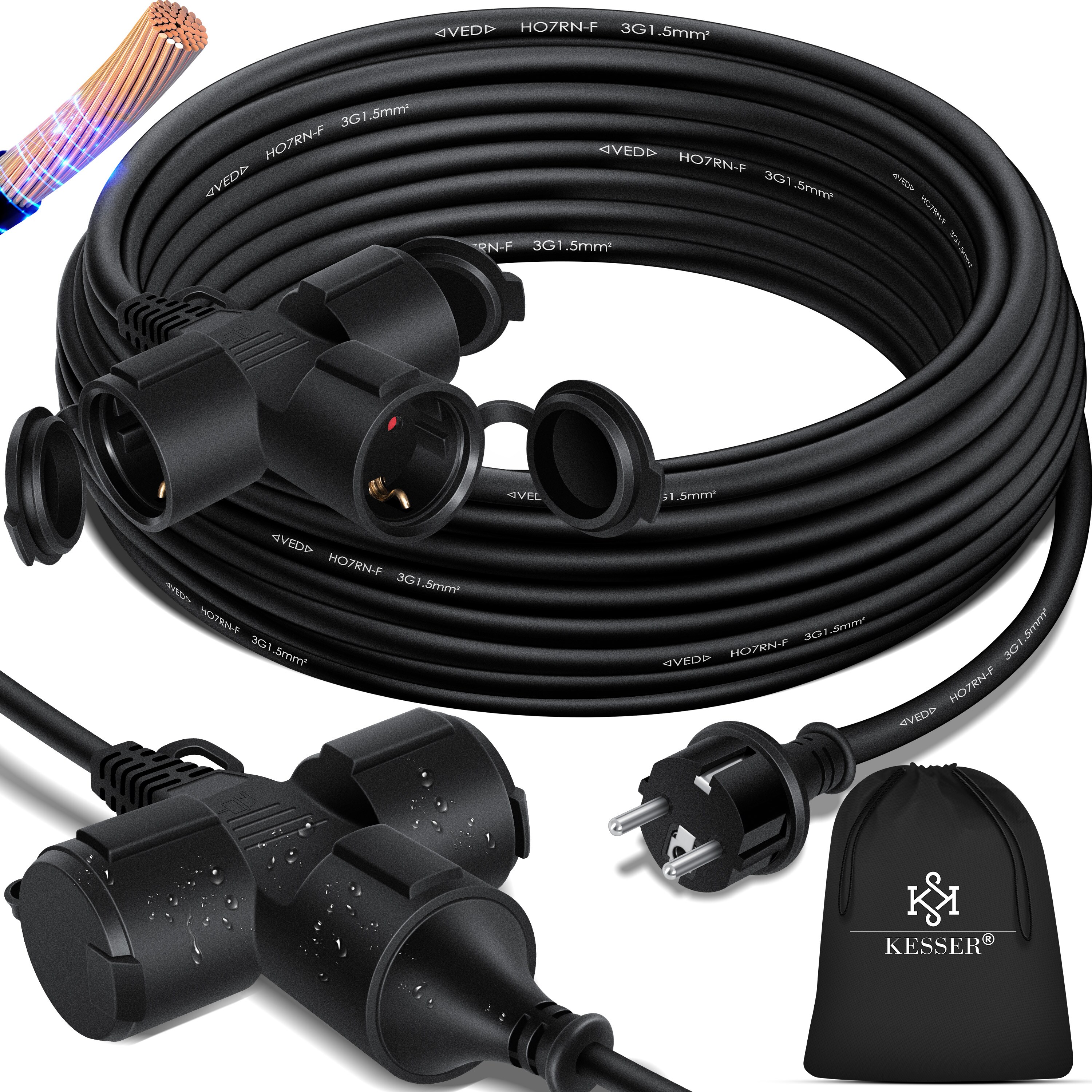 KESSER® Verlängerungskabel mit Schutzkappe Outdoor - für Innenbereich Außenbereich - Verlängerung Stromkabel – 230 V IP44 - Schutzkontakt Baustellenkabel Schutzkontaktstecker