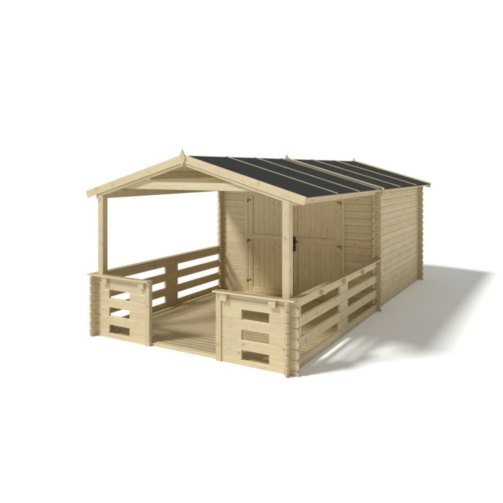 Abri de jardin en bois - 3x3 m - 18 m2 + terrasse avec balustrade et avant-toit en bois