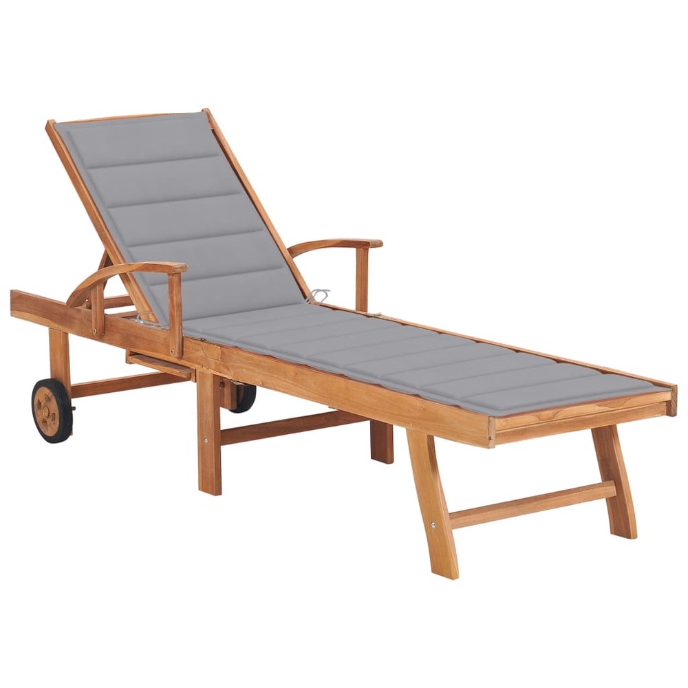 Transat chaise longue bain de soleil lit de jardin terrasse meuble d'extérieur avec coussin gris bois de teck solide 02_00124