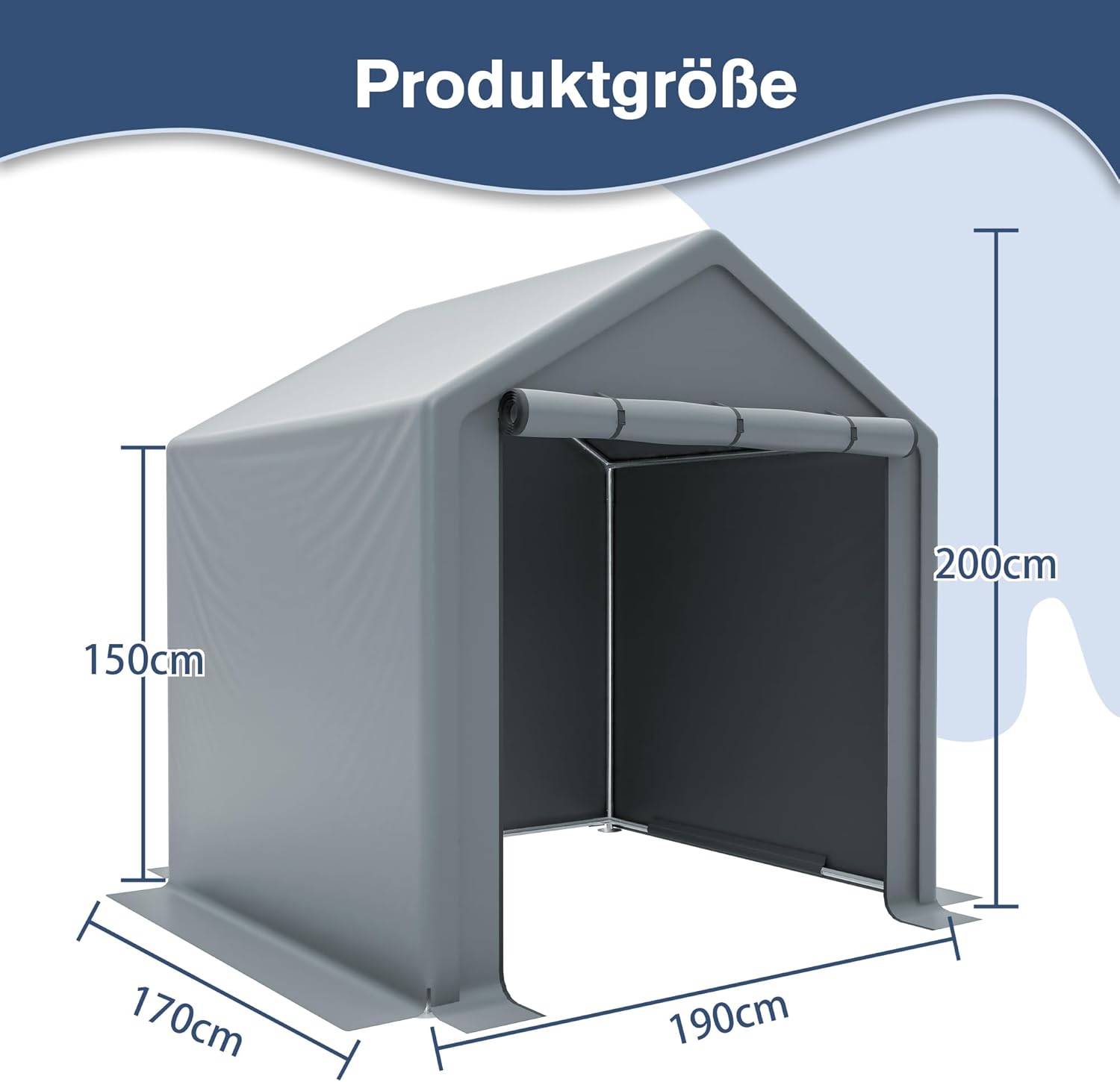 Garagenzelt 190x170x200cm, Wasserdichtes Lagerzelt mit Rolltor, Robuster Stahlrahmen & UV-beständige Plane, Grau – Ideal für Fahrräder, Gartenmöbel & Mehr