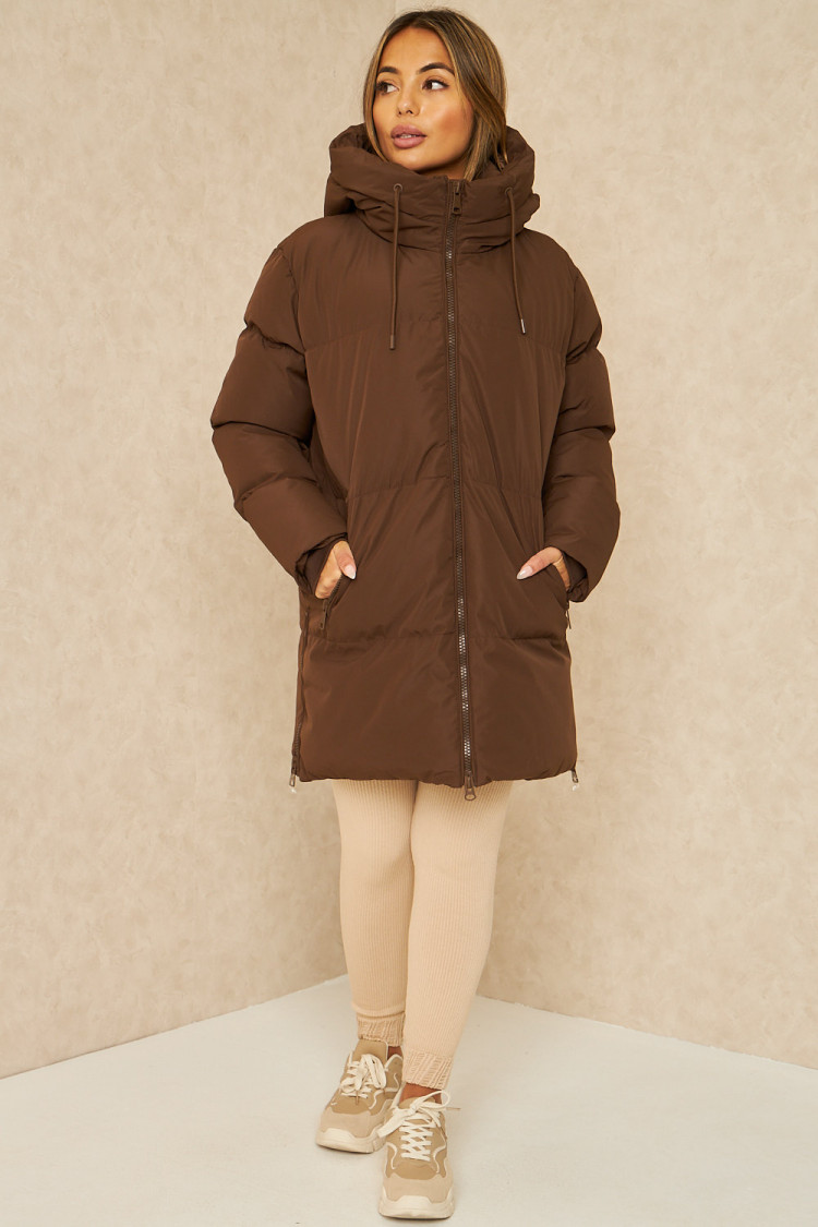 Doudoune marron matelassée à capuche