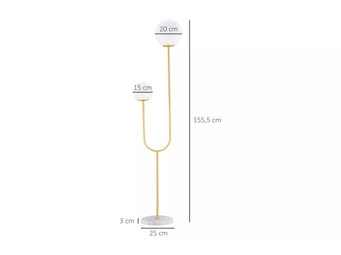 Lampadaire design néo-rétro 2 boules verre blanc opaque max. 25 W piètement marbre blanc acier doré