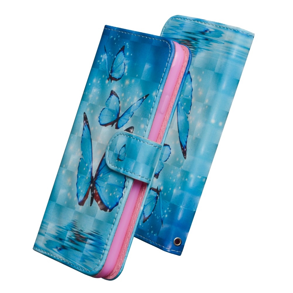 iPhone 12 / iPhone 12 Pro Leder Tasche mit Kartenfach   Handschlaufe - Schmetterlinge (Blau)