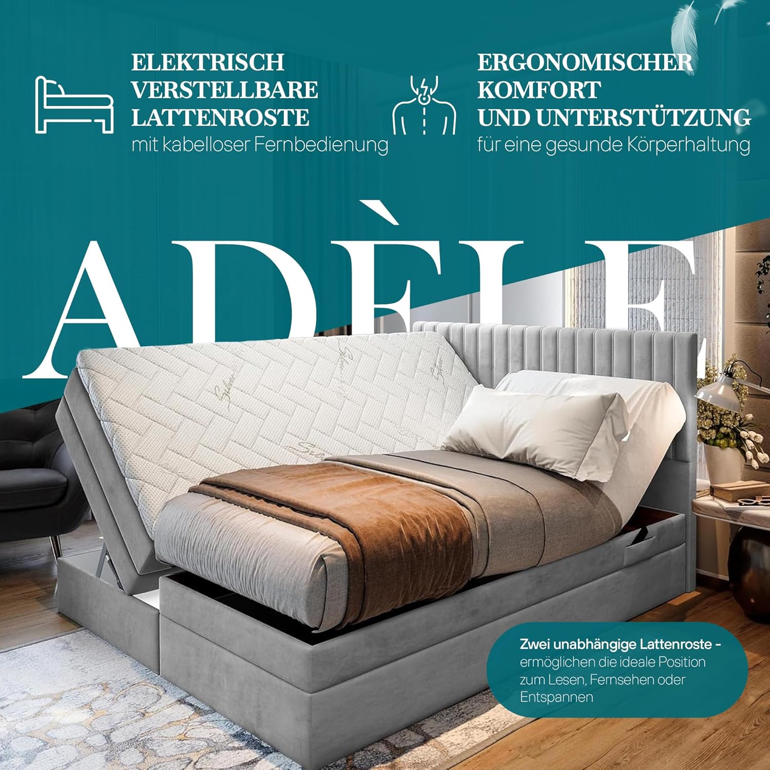 TRADA Boxspringbett ADÈLE 160 x 200 cm – elektrische Bett mit Matratze + Tooper und Bettkasten - Stoffbezug Veloursstoff - Beige - 160 x 200 cm