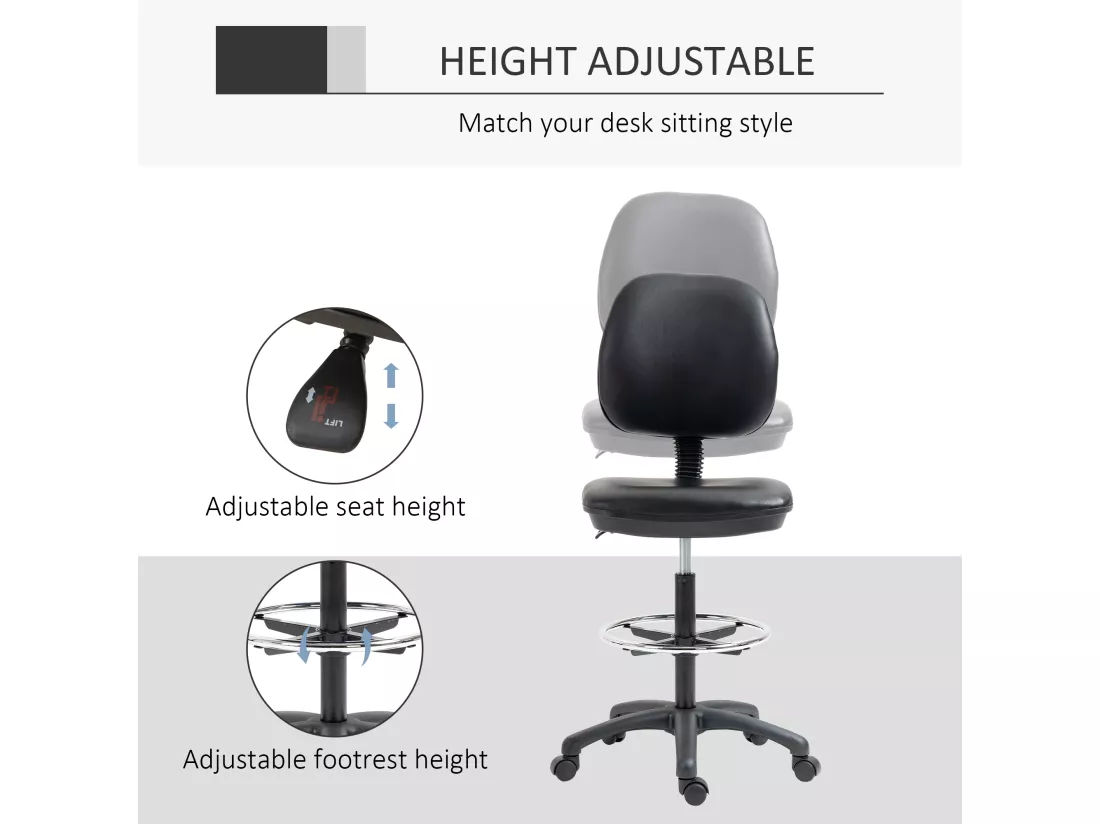 Tabouret à roulettes réglable en hauteur 69-91 cm avec dossier inclinable et repose-pieds réglable