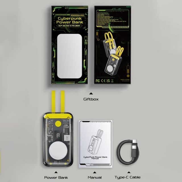 4-i-1 CyberPunk 10000mAh Powerbank 22.5W hurtig opladning