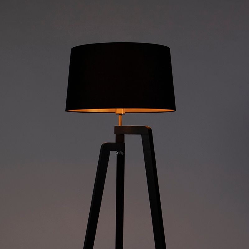 Vloerlamp tripod met katoenen kap zwart met goud 50 cm - Puros