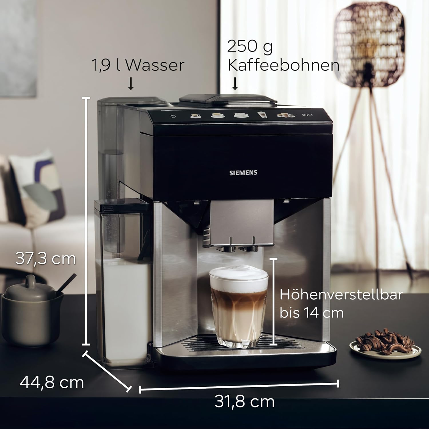 Siemens Kaffeevollautomat EQ500 integral TQ517D03, viele Kaffeespezialitäten, Milchaufschäumer, integr. Milchbehälter, 2-Tassen-Funktion, automat. Dampfreinigung, 1500 W, edelstahl/klavierlack schwarz
