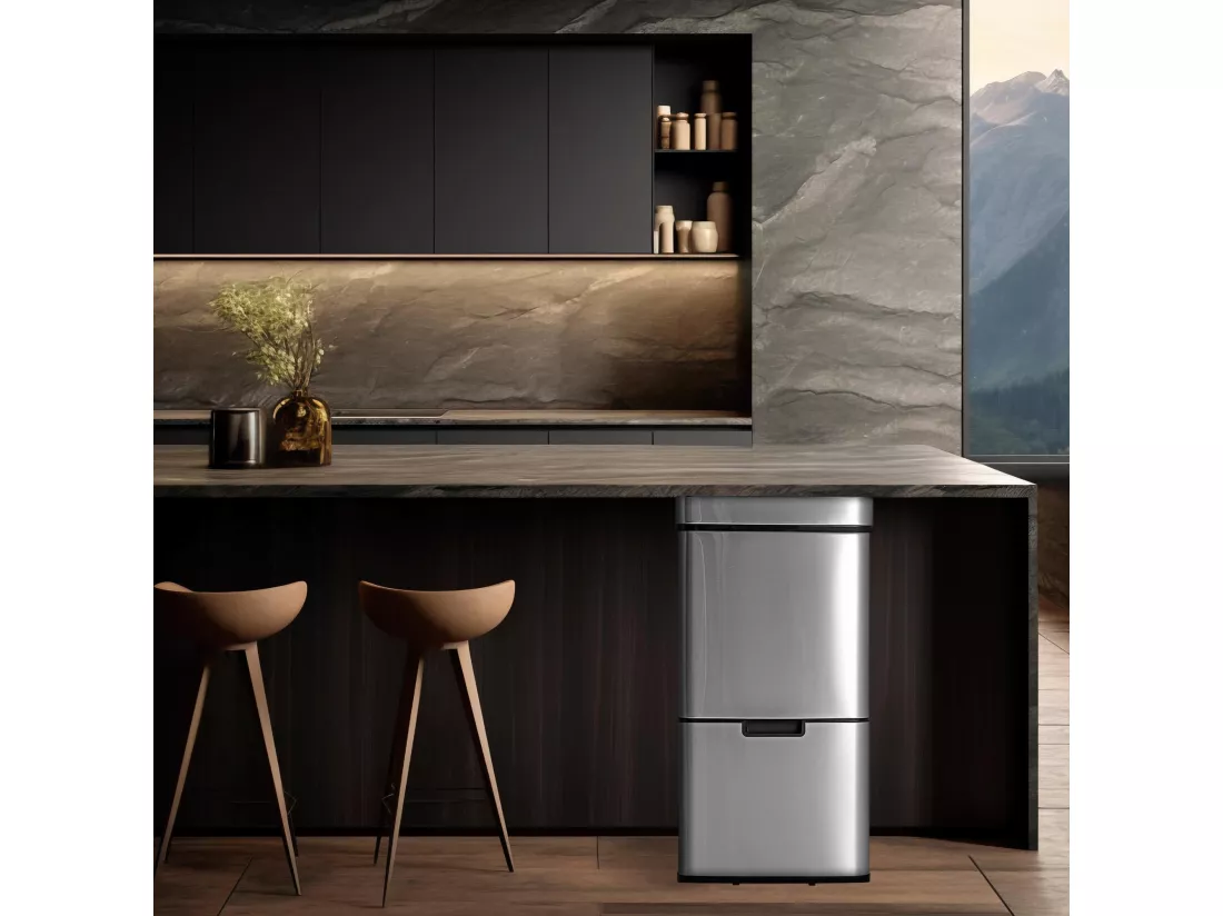 WELL HOME Poubelle de tri 72L (47L+25L), poubelle à 2 compartiments, ouverture automatique avec capteur, en inox, chromé