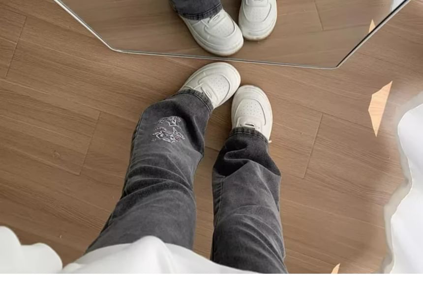 Litoya - Hoge taille gewassen cartoon geborduurde bootcut jeans