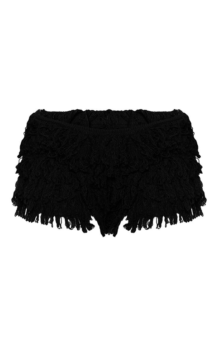 Noir Micro Short Taille Basse Maille Bouclée À Franges