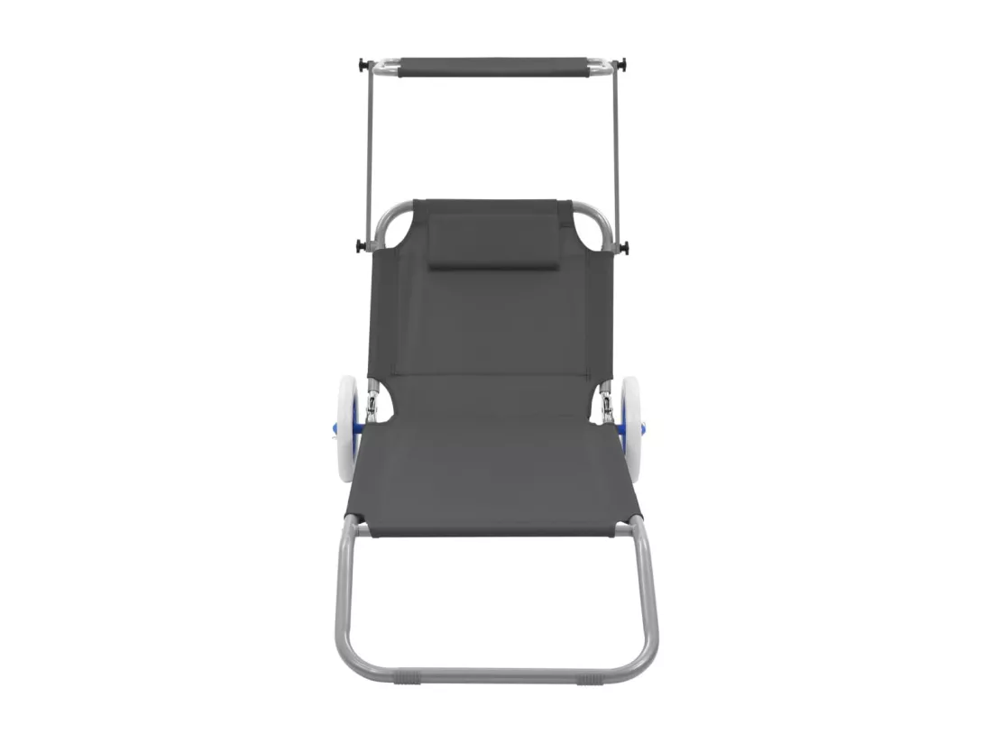 Chaise longue pliable avec auvent et roues Acier Gris