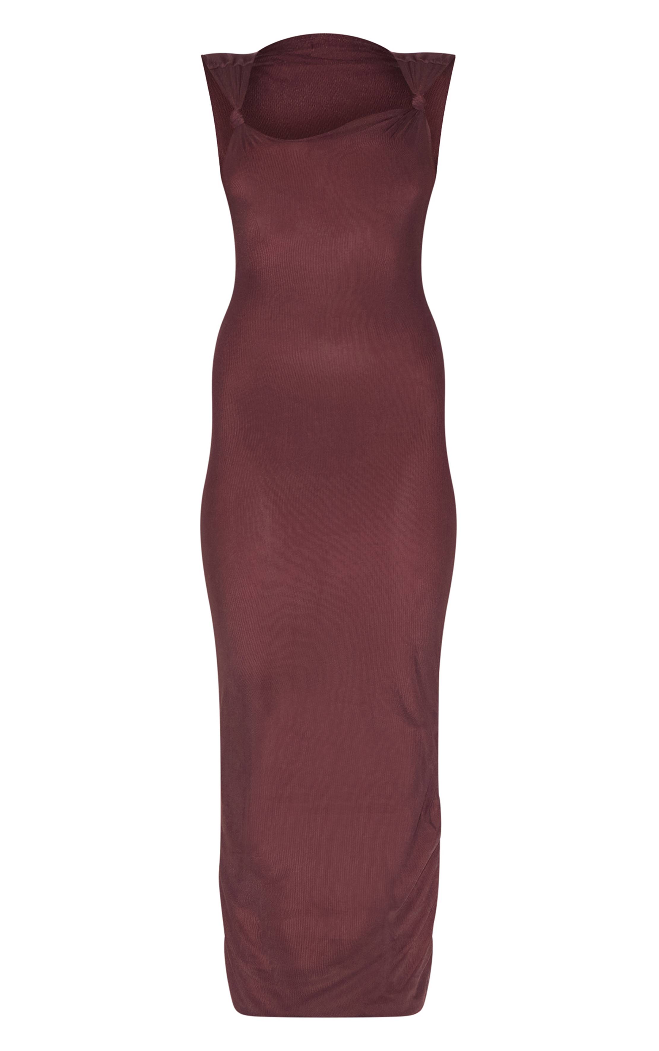 Taupe Robe Mi-longue Asymétrique En Mesh Doublée Avec Nœud