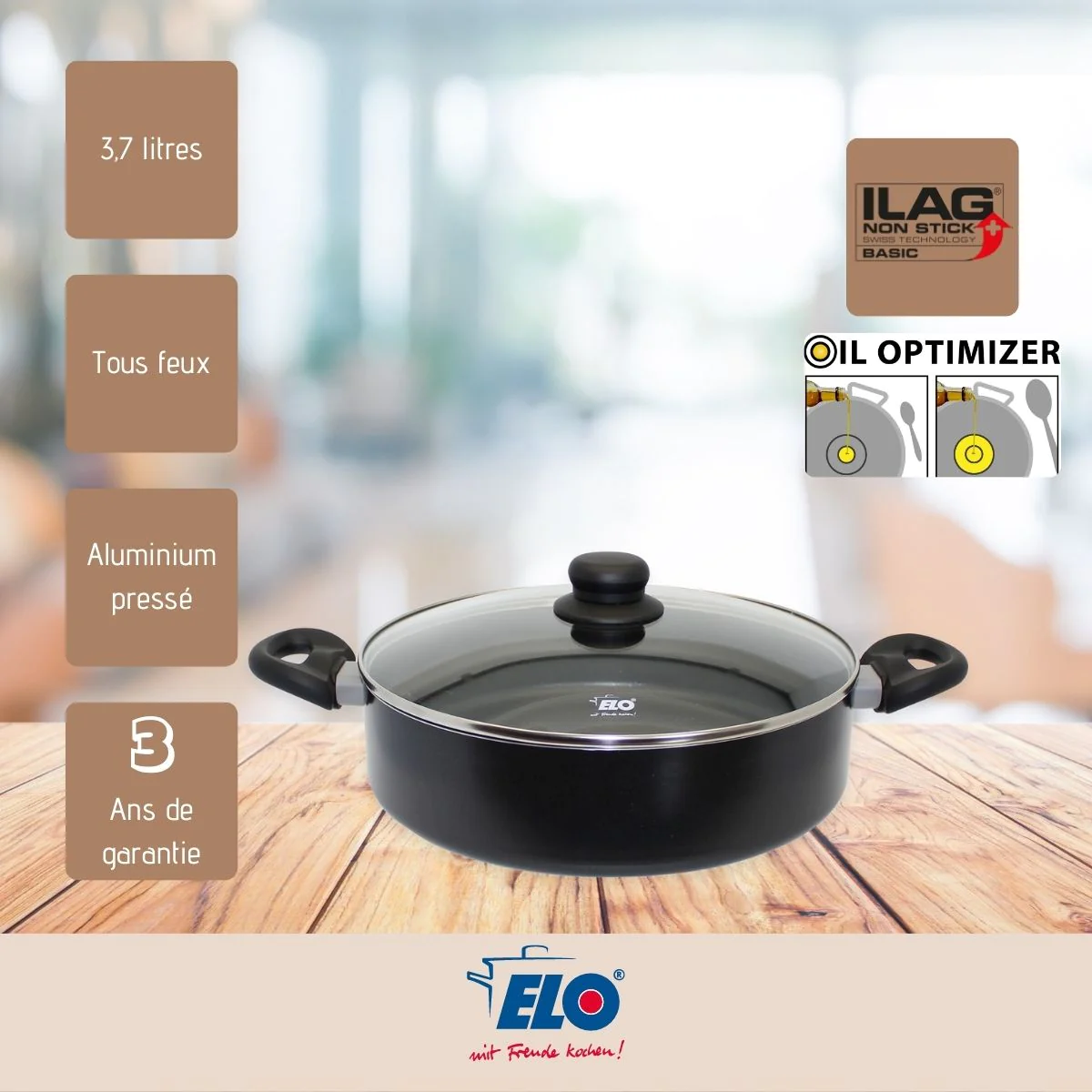 Sauteuse de cuisine 28 cm avec couvercle 3,7 litres Smart Life Elo