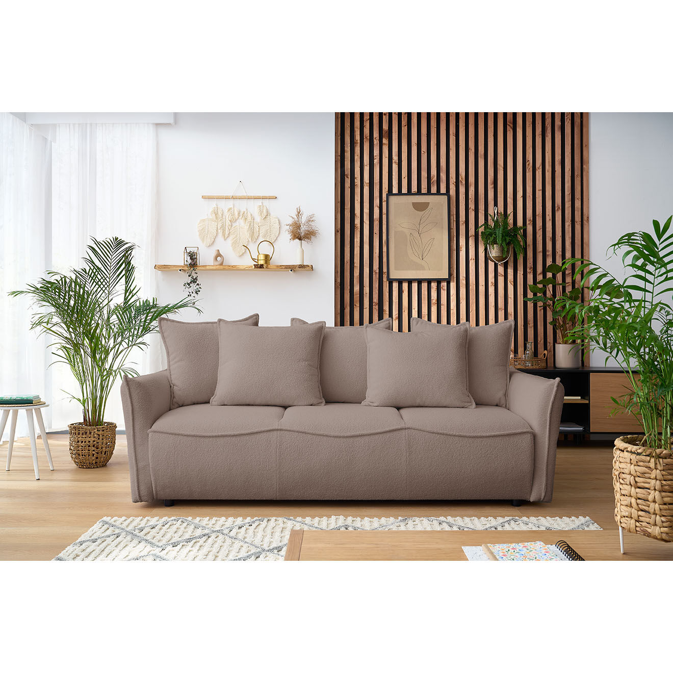 Bobochic Canapé 3 places convertible coffre Bouclette Leon marron - 226x97x90 cm