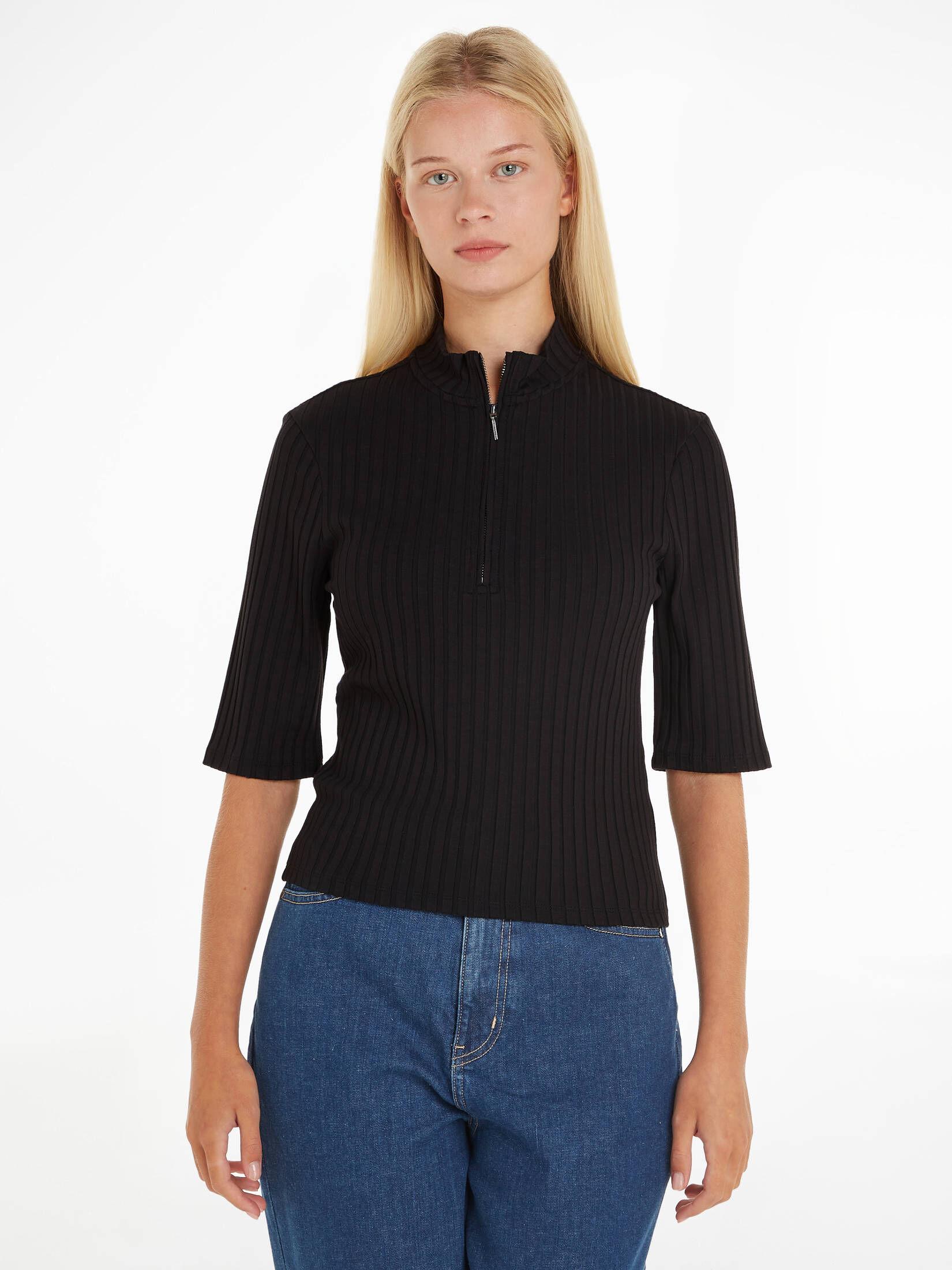 CALVIN KLEIN| Dame Strickullover RIB ZIP MOCK TOP 1/2 SLV Kurzarm