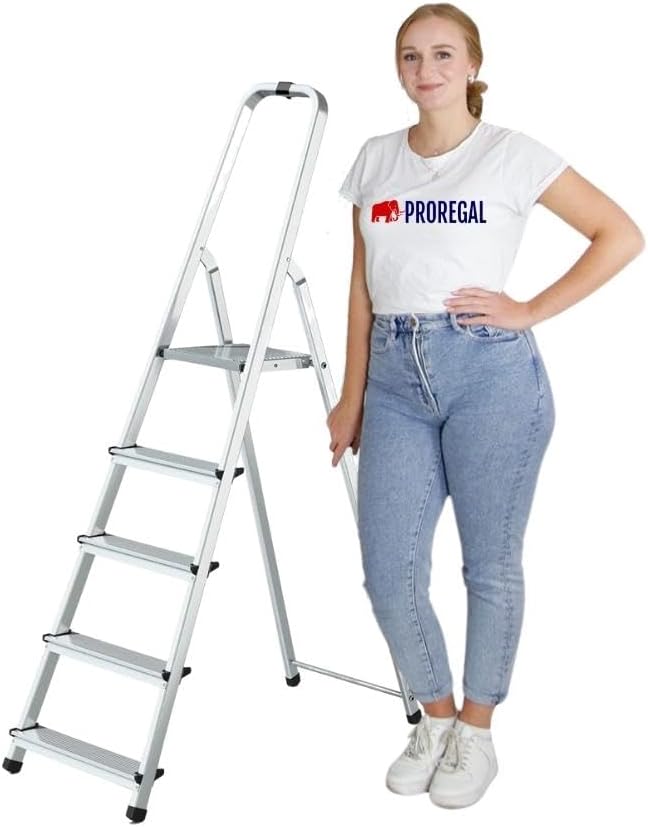 PROREGAL Economy Basic Trapladder, eenzijdig toegankelijk, 5 treden, werkhoogte 2,97 m, draagvermogen 125 kg