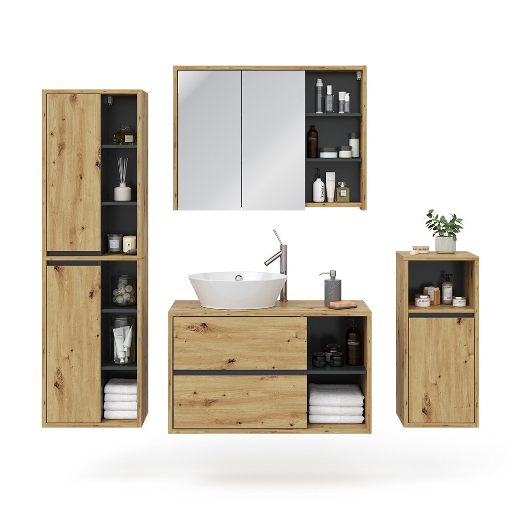 Vicco Badmöbelset Viola Eiche Anthrazit modern Badezimmerschrank Badschrank Badezimmermöbel Waschtischunterschrank Spiegelschrank Midischrank Hochschrank Schranktür Schrankfach Ablage Aufbewahrung
