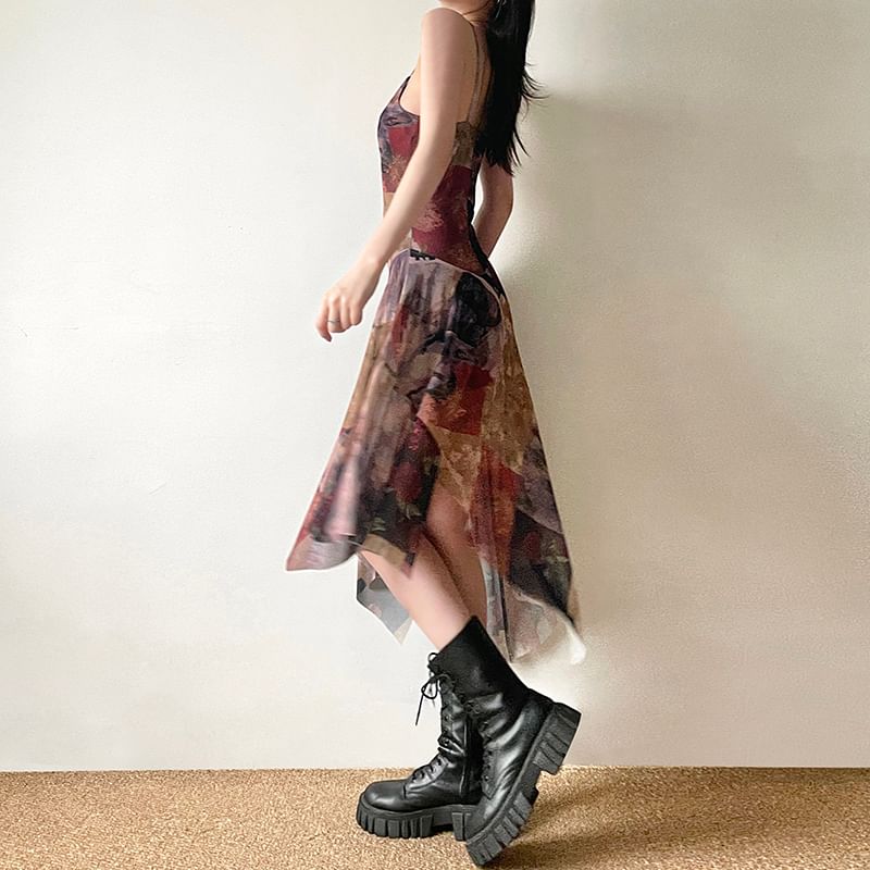 Honey River - Asymmetrische mesh midi-A-lijnjurk met spaghettibandjesprint