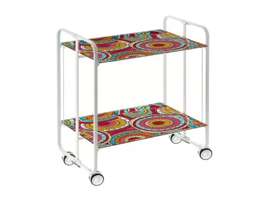 Chariot pliant à roulettes, table pliante roulante, desserte - Structure métallique blanche, 2 niveaux en stratifié motif Abstrait couleurs - 72*66*43 cm - BAUHAUS