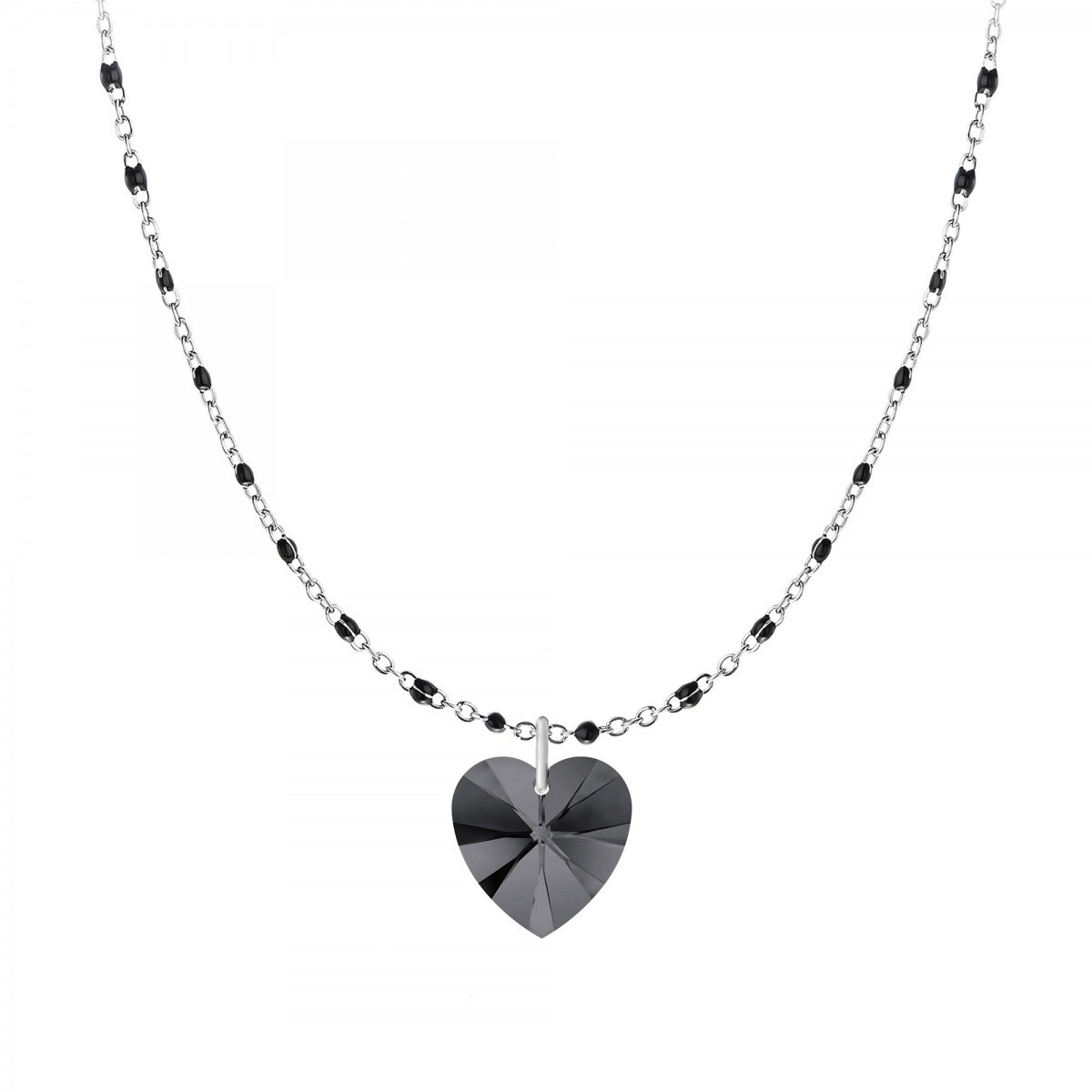 Collier coeur perles noires orné d'un Cristal scintillants SC Crystal en Acier Rhodié argenté