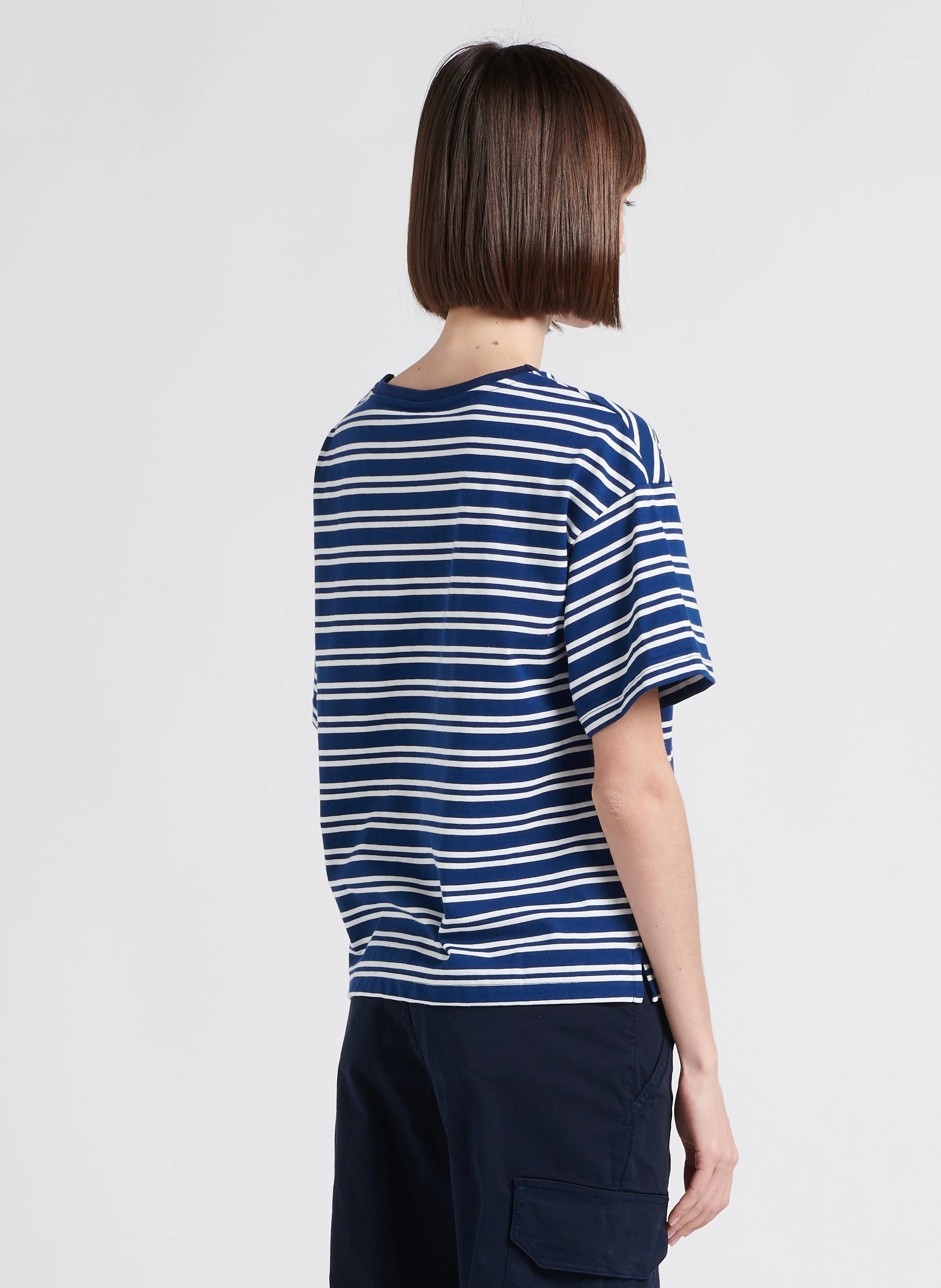 Tee-shirt col rond à rayures en coton| Bleu