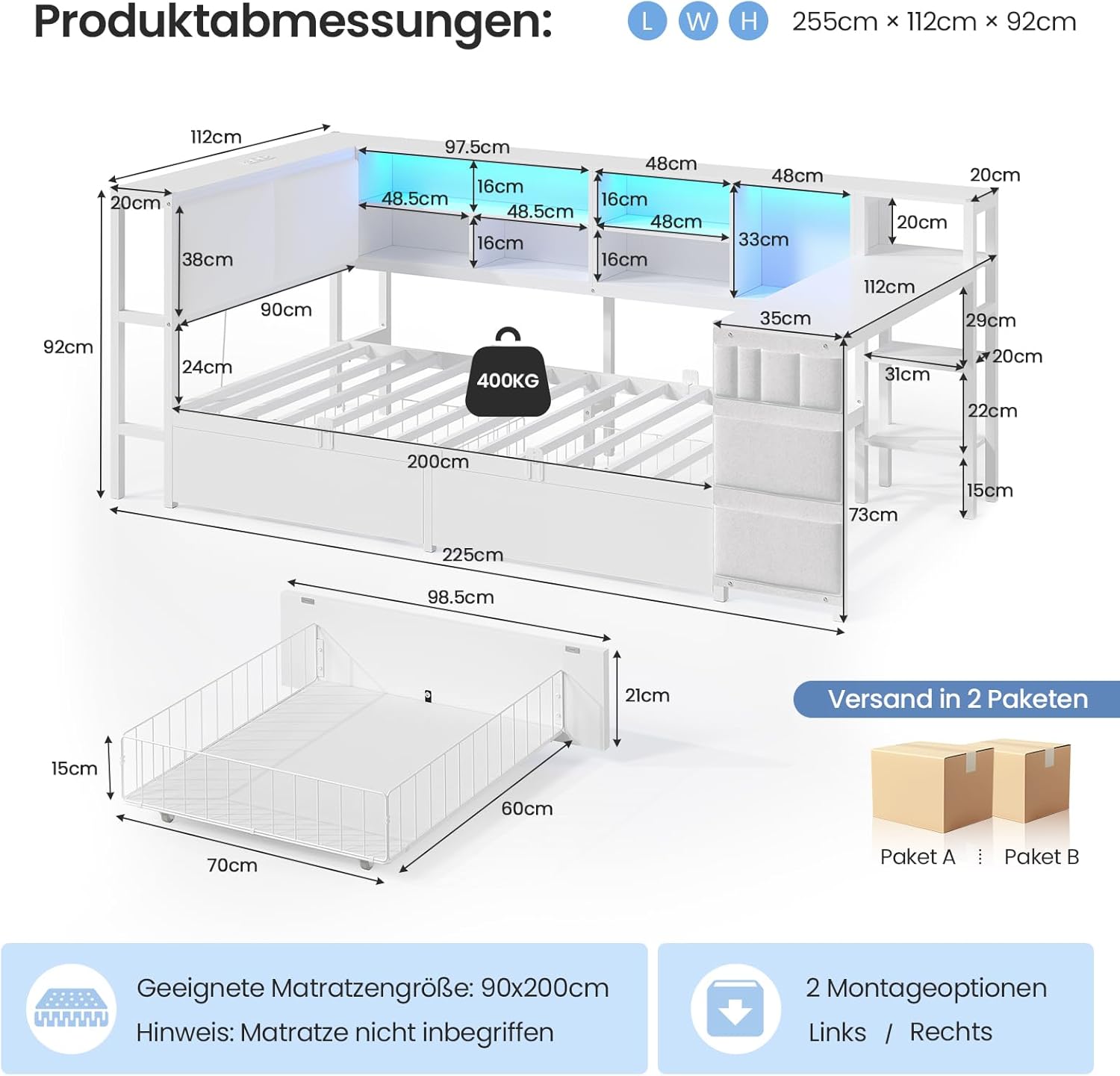 Schlafsofa mit LED-Beleuchtung und Ladestation, Jugendbett 90x200 cm mit einem 35x112cm Tisch und Zwei großen Schubladen, Bett 90x200 Tagesbett mit polsterter Rückenlehne am Kopfteil, Weiß