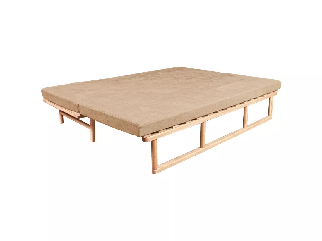 Canapé Lit Convertible Design en Tissu Beige et Bois Beige