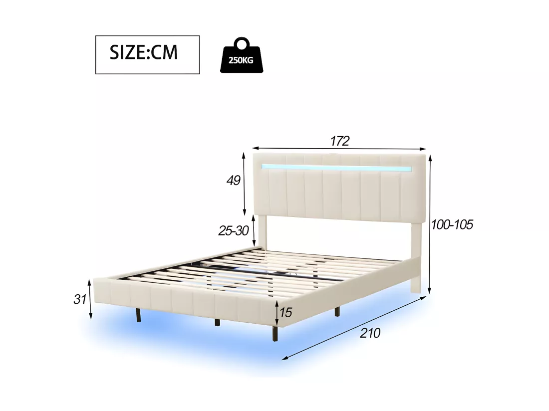 Lit rembourré en lin - 160x200cm - avec éclairage LED et Ports de charge USB - Beige