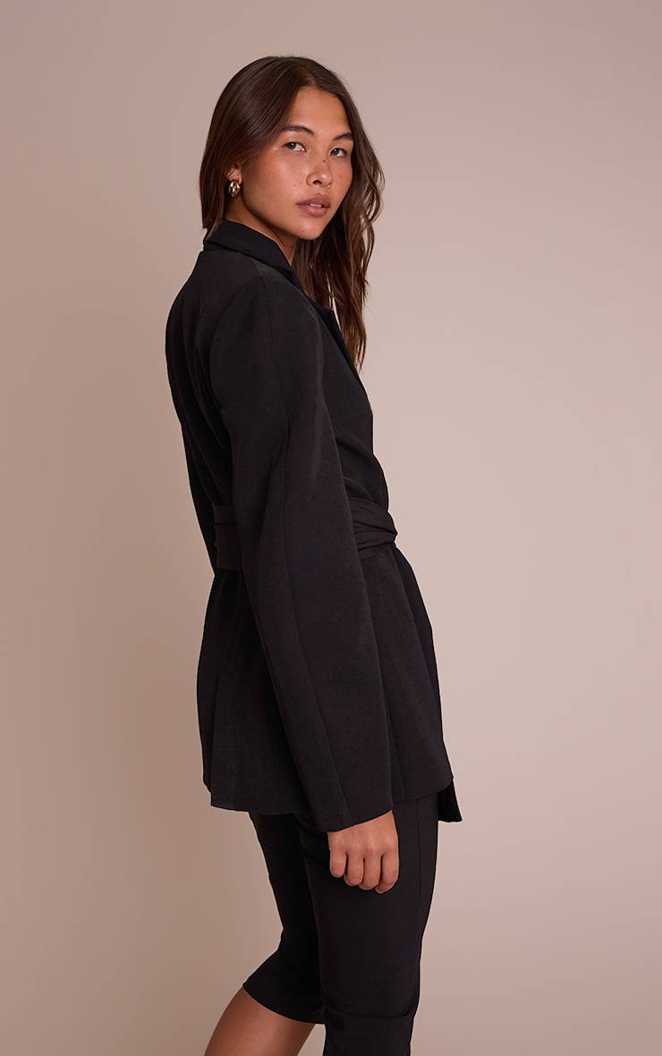 Noir Blazer Ceinturé Taille Froncée À Enroulement