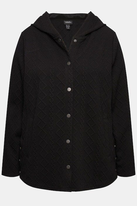 Hoodie-Jacke, Zopfmuster, Druckknöpfe, hinten länger