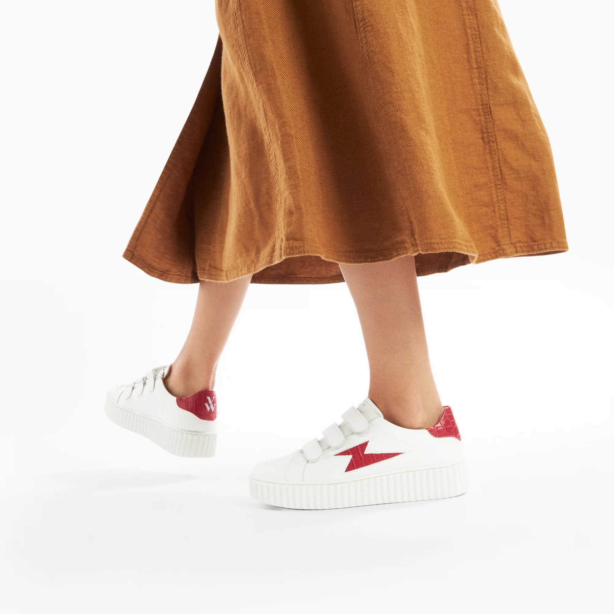 Sneakers-Baskets éclair Elsa blanc et rouge croco à scratchs