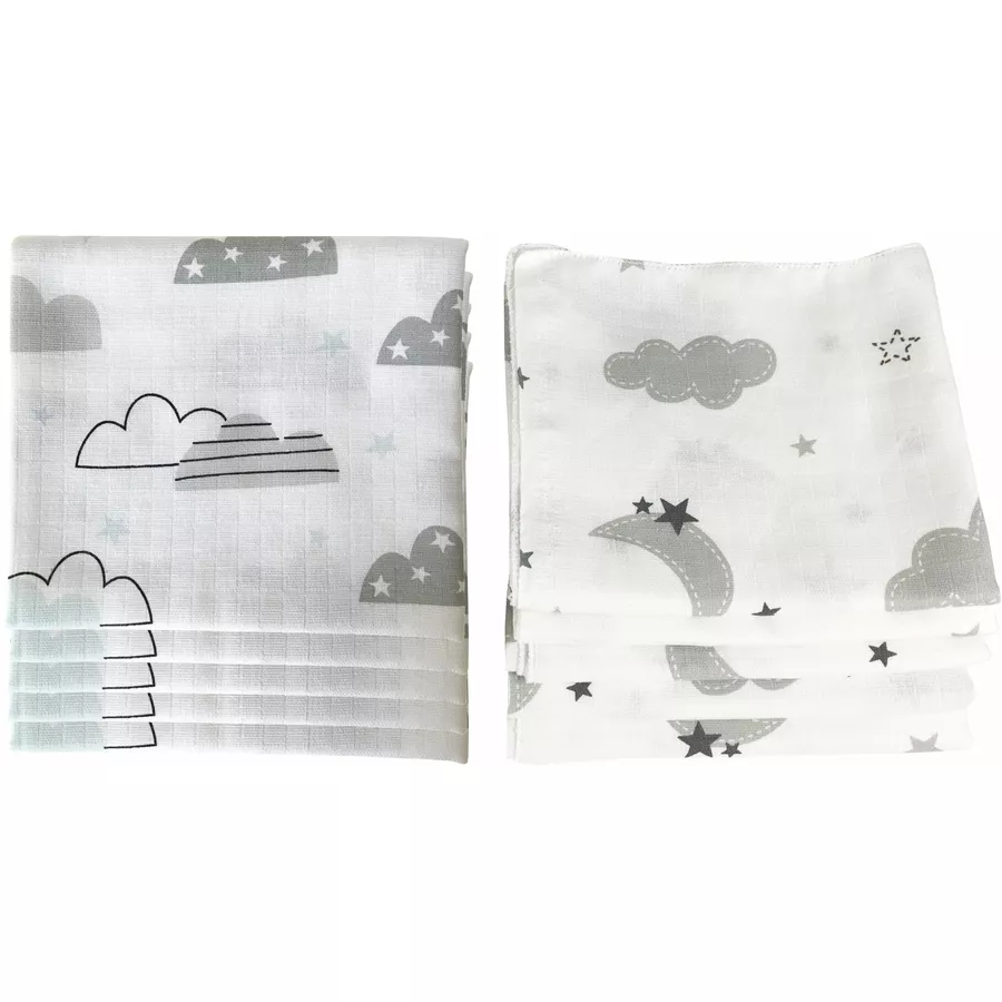 M.M.C. Mullwindel 10 PACK Spucktücher 80x70 cm Mulltücher Wolken (5 Grau, 5 Mint)