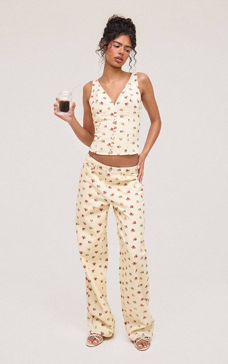Crème Jean Droit Taille Mi-haute À Motif Floral