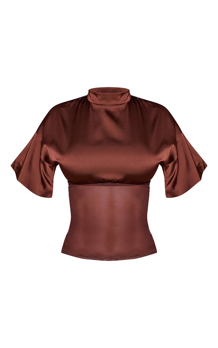 Chocolat Haut Col Montant En Satin Avec Empiècement En Mesh Contrasté