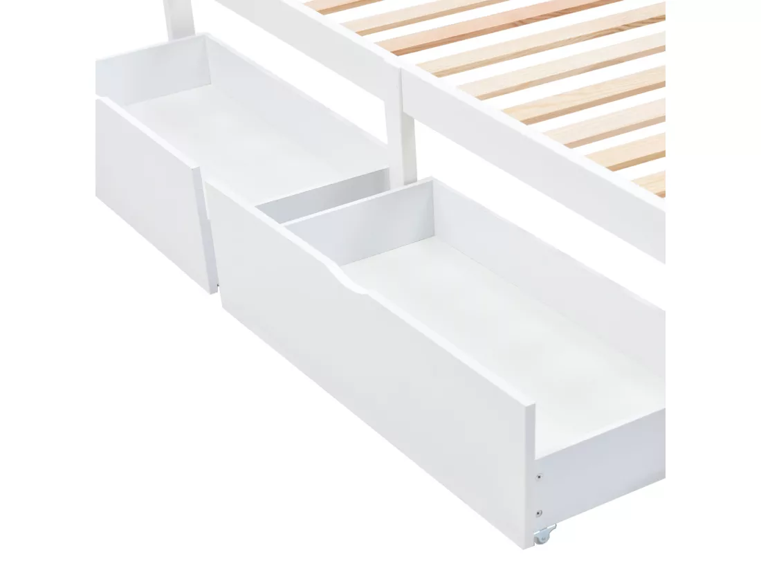 Lit simple en bois 90 x 200 cm pour jeune et adulte. avec tiroirs. structure en Pin. Blanc