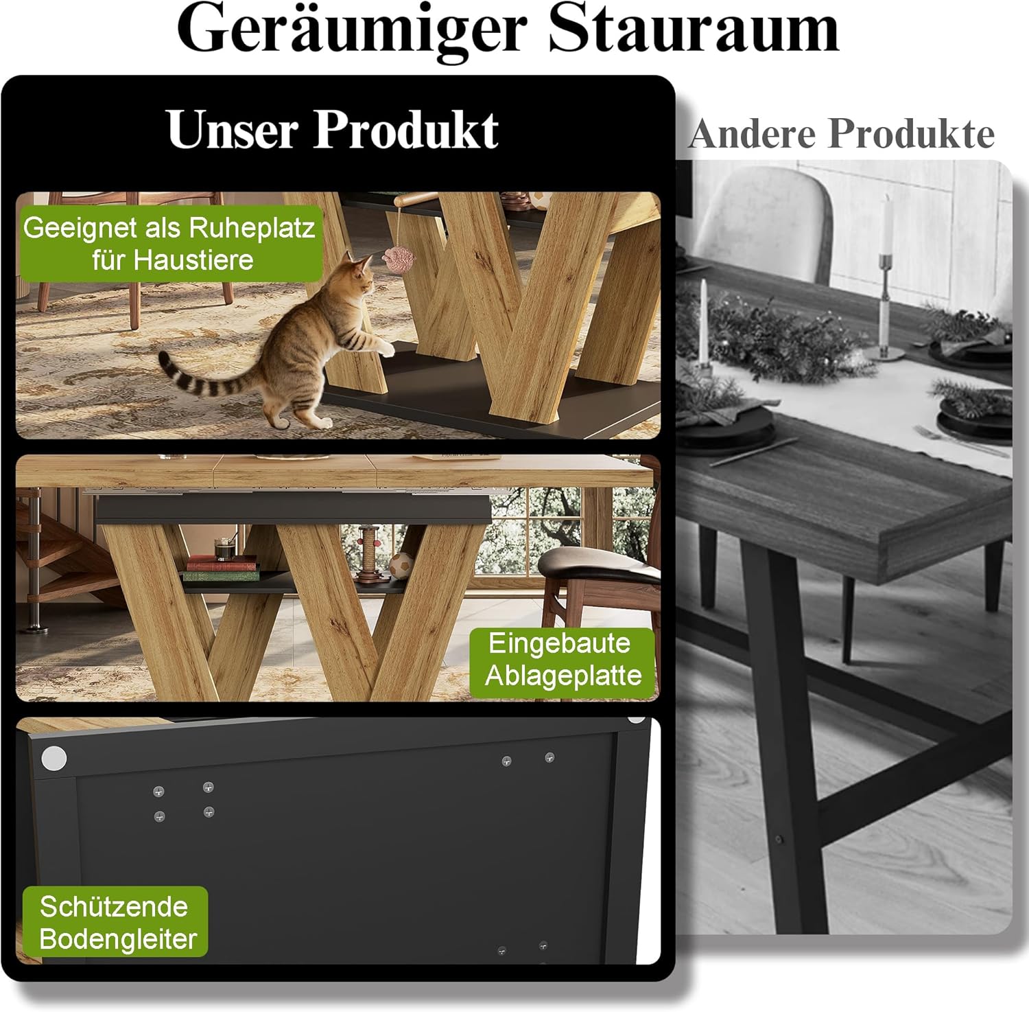 Esstisch Ausziehbar mit W-förmigen Beinen, Holz Tischplatte in Schwarz+Natur, 119-158.5x80 cm, Esszimmer Tisch Küchentisch mit Stauraumregal für 4-6 Personen, Esszimmertisch Rechteckige