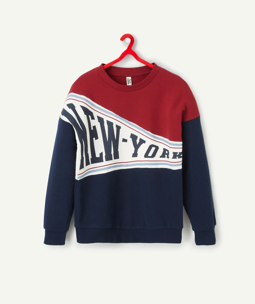 SWEAT FILLE EN FIBRES RECYCLÉES BLEU ET ROUGE AVEC MESSAGE NEW YORK