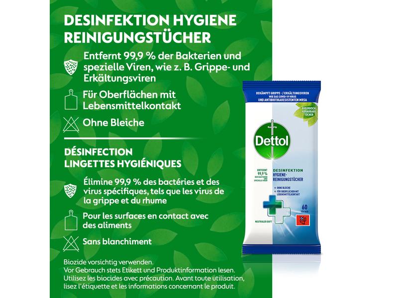 Dettol Desinfektion Hygiene-Reinigungstücher 60 Stück Antibakterieller Oberflächenreiniger mit neutralem Duft