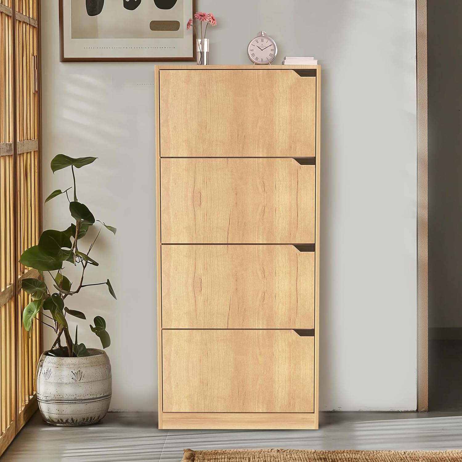 WAOHO Klappbare Schuhregale，Schuhschrank 4 Klappen ，Schuhaufbewahrung，Schuhregal，Schuhkipper, Schuhschränke，Kippsicherung,schuhkipper schmal 150×63×24cm