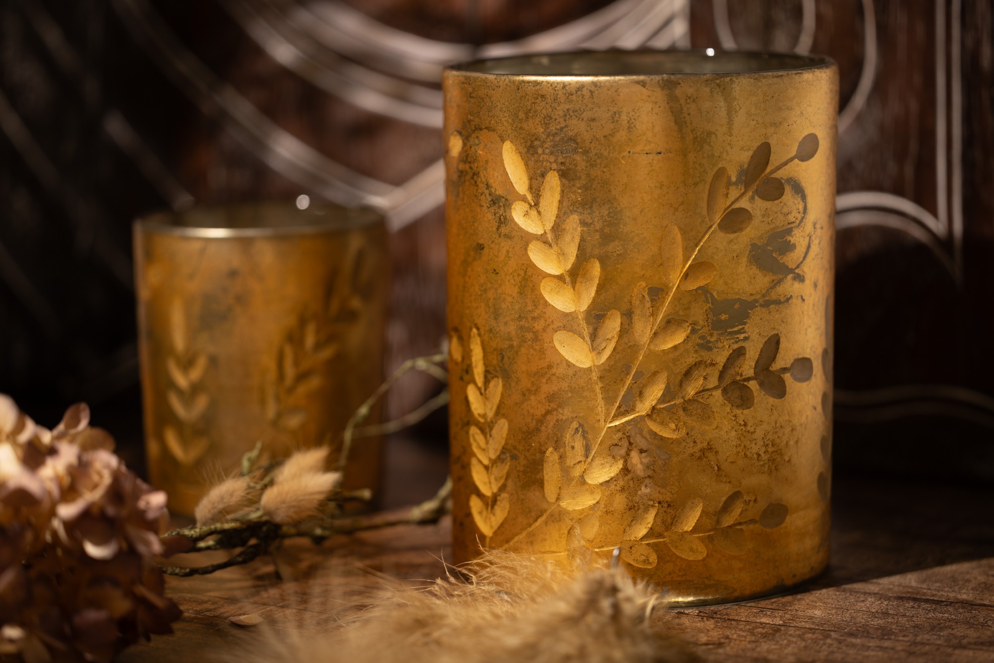 Windlicht 'Zweig', antik gold, Ø 15 cm, H 20 cm von fischer's lagerhaus