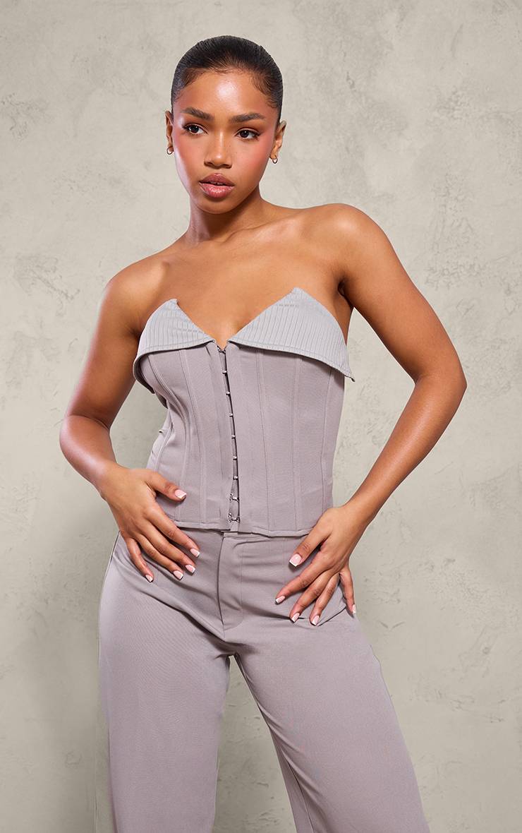 Gris Corset Bandeau Tissé À Ourlet Replié Avec Détails De Coutures Et Fermeture À Crochets
