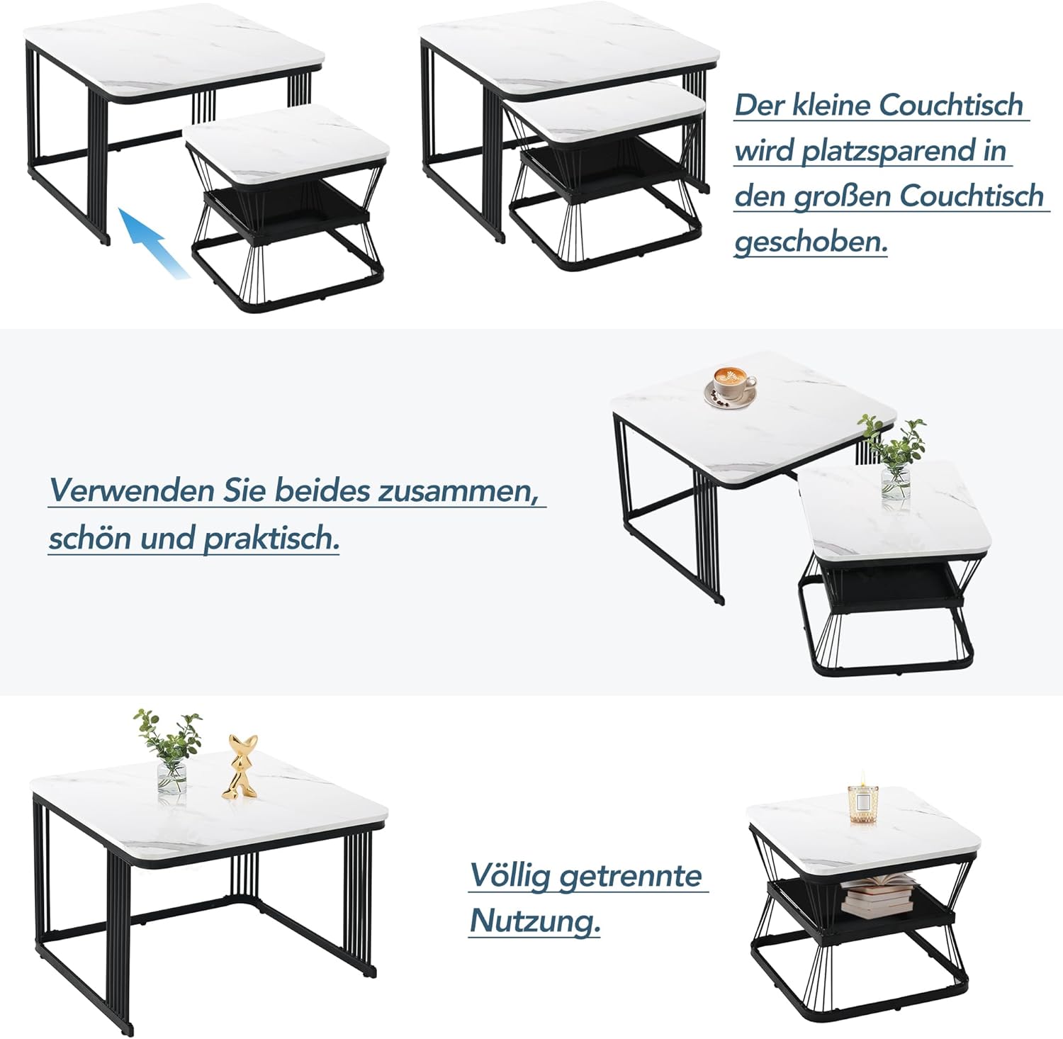 Merax Quadratisch Couchtisch 2er Set, Moderne Wohnzimmertisch mit Marmoroptik, Hochglänzend Satztisch mit Stauraum, für Wohnzimmer, Balkon und Büro, Metallgestell, Weiß und Schwarz
