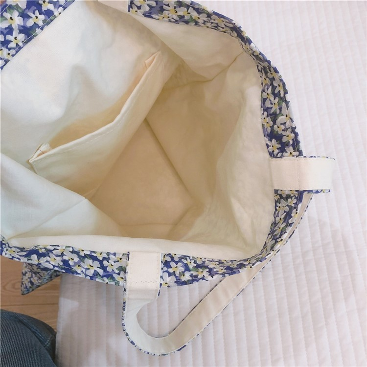 (35x37cm) Baumwoll Tote Bag Boho Stoff Tragetasche im Blumen Look - Blau